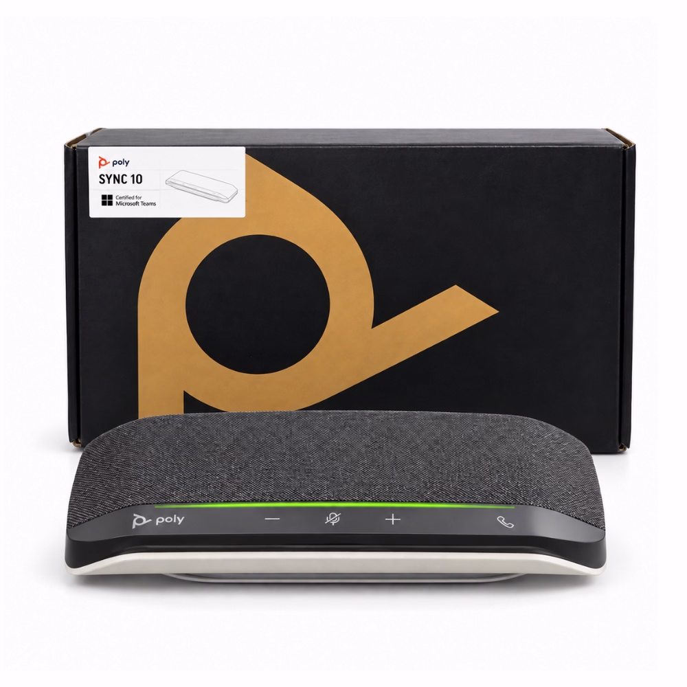 สปีกเกอร์โฟนสำหรับการประชุม HP Poly Sync 10 รหัส 772C3AA วางคู่กับกล่องบรรจุภัณฑ์ Certified for Microsoft Teams