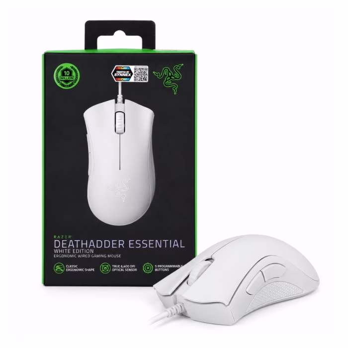 เมาส์เกมมิ่ง Razer DeathAdder Essential สีขาว วางคู่กับกล่องบรรจุภัณฑ์ White Edition เซนเซอร์ 6400 DPI ประกันศูนย์ Synnex 2 ปี