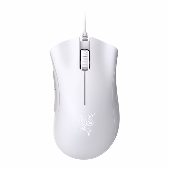 เมาส์เกมมิ่ง Razer DeathAdder Essential สีขาว มุมมองด้านบนตรง แสดงรูปทรงตามหลักสรีรศาสตร์ ปุ่มคลิก และลูกกลิ้ง Scroll Wheel