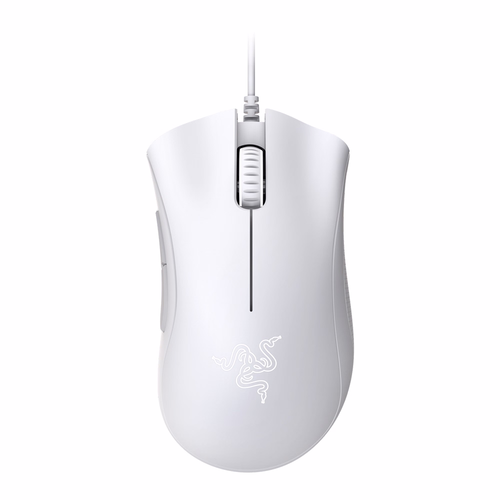 เมาส์เกมมิ่ง Razer DeathAdder Essential สีขาว มุมมองด้านบนตรง แสดงรูปทรงตามหลักสรีรศาสตร์ ปุ่มคลิก และลูกกลิ้ง Scroll Wheel