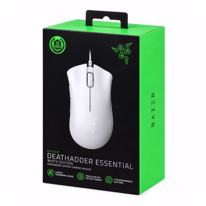กล่องบรรจุภัณฑ์เมาส์เกมมิ่ง Razer DeathAdder Essential White Edition โทนสีเขียวตัดดำ แสดงคุณสมบัติเด่น 6400 DPI