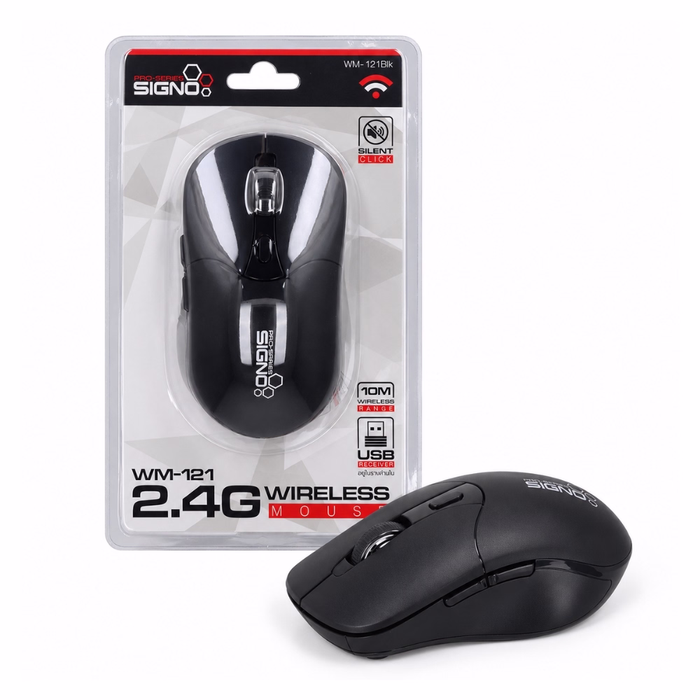 เมาส์ไร้สายไร้เสียง SIGNO WM-121 สีดำ ระบบ 2.4GHz วางคู่กับแพ็กเกจบรรจุภัณฑ์ Silent Click และระบุระยะส่งสัญญาณ 10 เมตร