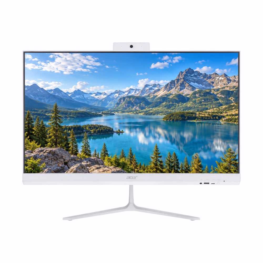 หน้าจอคอมพิวเตอร์ All-in-One สีขาว Acer Aspire C24 ด้านหน้าตรง จอขอบบาง 23.8 นิ้ว Full HD พร้อมเว็บแคมและขาตั้งสีขาว