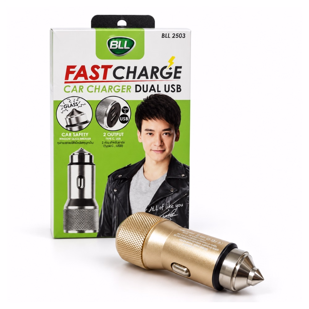 bll-2503-fast-car-charger-silver-1 ที่ชาร์จในรถยนต์ BLL รุ่น BLL 2503 ชาร์จเร็ว 30W สีเงิน 2 พอร์ต Type-C และ USB พร้อมหัวค้อนนิรภัยทุบกระจกฉุกเฉินและกล่องบรรจุภัณฑ์