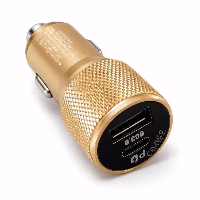 bll-2503-fast-car-charger-silver-2 หัวชาร์จในรถยนต์ BLL 2503 มุมมองระยะใกล้ โชว์พอร์ตชาร์จเร็ว PD Type-C และ QC3.0 USB-A พร้อมบอดี้โลหะลายกันลื่น
