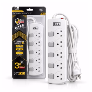 bll-b72-5way-3m-power-strip-5switches-1 ปลั๊กพ่วง BLL รุ่น B72 ขนาด 5 ช่อง 5 สวิตช์แยก สายยาว 3 เมตร กำลังไฟ 2300W 10A มาตรฐาน มอก. วางคู่กับแพ็กเกจ