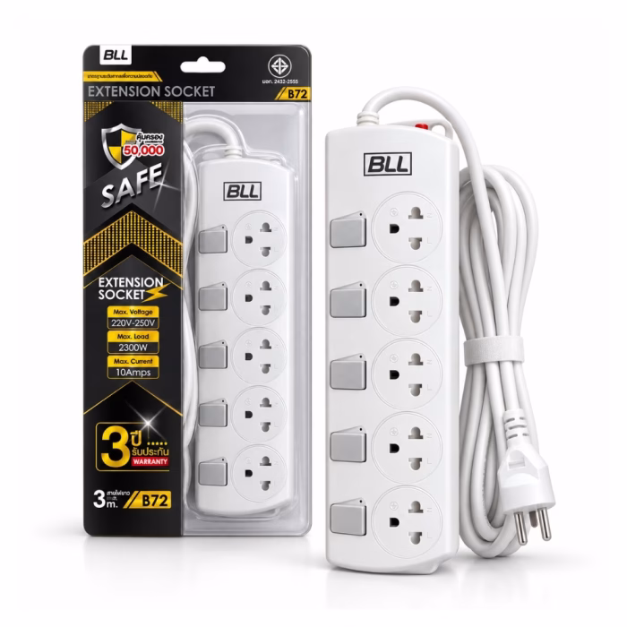 bll-b72-5way-3m-power-strip-5switches-1 ปลั๊กพ่วง BLL รุ่น B72 ขนาด 5 ช่อง 5 สวิตช์แยก สายยาว 3 เมตร กำลังไฟ 2300W 10A มาตรฐาน มอก. วางคู่กับแพ็กเกจ