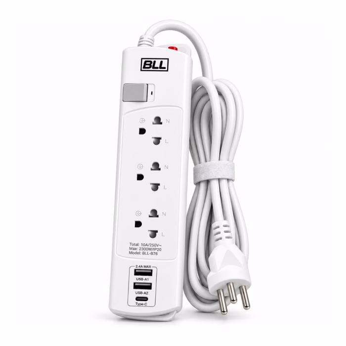 bll-b76-3way-2usb-1typec-power-strip-2 รางปลั๊กพ่วง BLL B76 สีขาว 3 ช่อง 1 สวิตช์ 2 USB-A 1 Type-C สายไฟยาว 3 เมตร พร้อมหัวปลั๊ก 3 ขากลม ม้วนเก็บเรียบร้อย