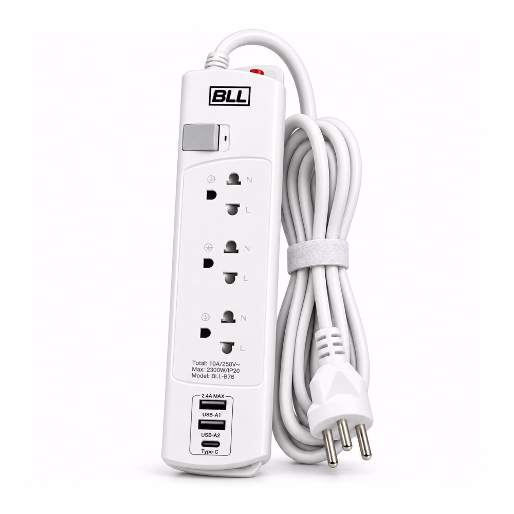รางปลั๊กพ่วง BLL B76 สีขาว 3 ช่อง 1 สวิตช์ 2 USB-A 1 Type-C สายไฟยาว 3 เมตร พร้อมหัวปลั๊ก 3 ขากลม ม้วนเก็บเรียบร้อย