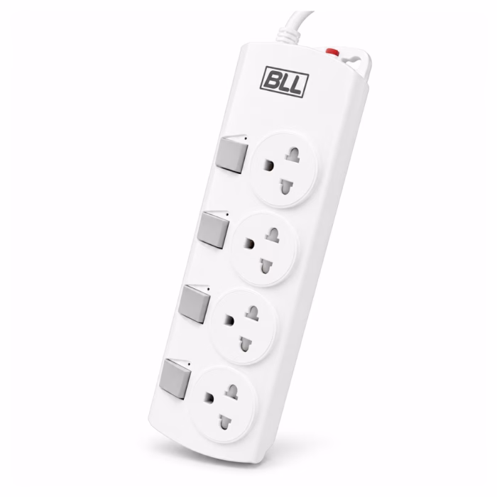 bll-b95-4way-power-strip-surge-protection-2 รางปลั๊กพ่วง BLL รุ่น B95 มุมมองสามมิติเฉียง โชว์ 4 ช่องเสียบมีม่านนิรภัย 4 สวิตช์แยก และปุ่มเบรกเกอร์ตัดไฟด้านบน