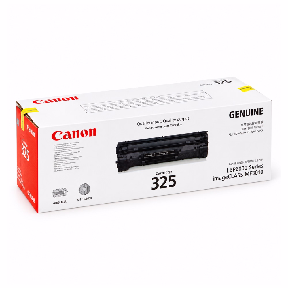 กล่องบรรจุภัณฑ์ตลับหมึกเลเซอร์ Canon Cartridge 325 สีดำ มุมมองสามมิติเฉียง แสดงตราสัญลักษณ์ Genuine และรุ่นเครื่องพิมพ์ที่รองรับ
