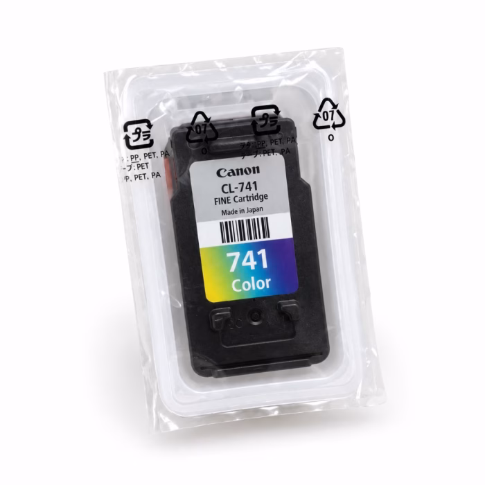 canon-cl-741-tri-color-ink-cartridge-2 กล่องบรรจุภัณฑ์ตลับหมึก 3 สี Canon CL-741 Color ด้านหน้าตรง แสดงสติกเกอร์โฮโลแกรมทอง Genuine Made in Japan และตราสัญลักษณ์ FINE Cartridge