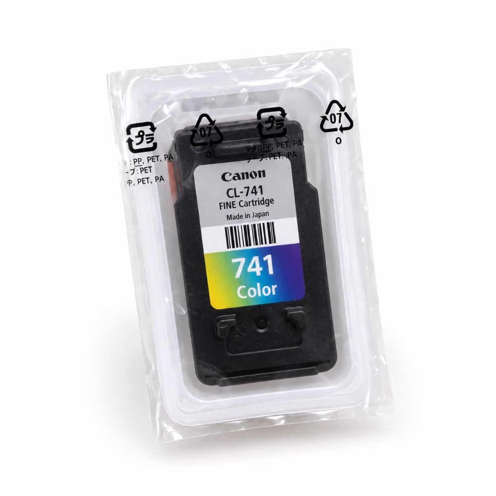 กล่องบรรจุภัณฑ์ตลับหมึก 3 สี Canon CL-741 Color ด้านหน้าตรง แสดงสติกเกอร์โฮโลแกรมทอง Genuine Made in Japan และตราสัญลักษณ์ FINE Cartridge