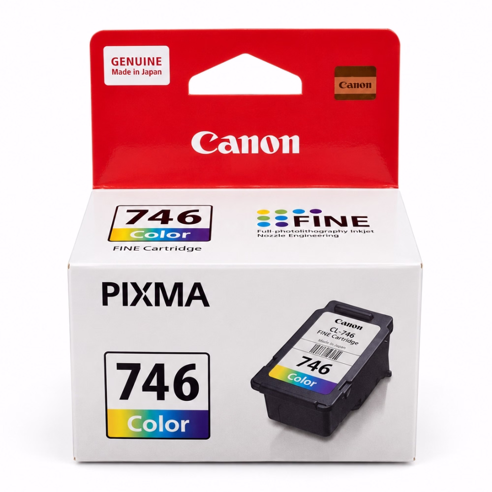 กล่องบรรจุภัณฑ์ตลับหมึก 3 สี Canon CL-746 Color ด้านหน้าตรง แสดงสติกเกอร์โฮโลแกรมทอง Genuine Made in Japan และตราสัญลักษณ์ FINE Cartridge