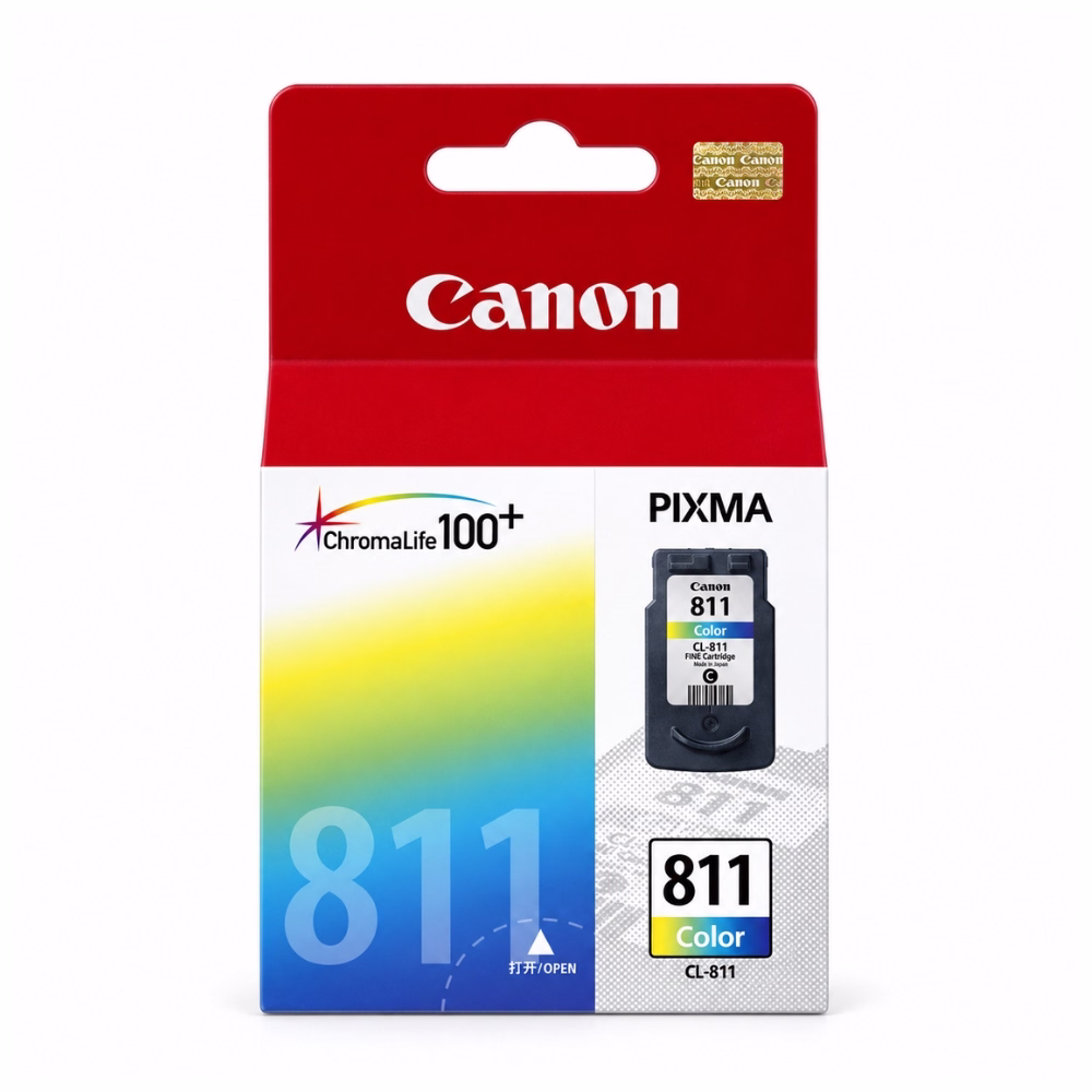 กล่องบรรจุภัณฑ์ตลับหมึก 3 สี Canon CL-811 Color ด้านหน้าตรง แสดงตรา ChromaLife 100+ และสติกเกอร์โฮโลแกรมทอง Canon Genuine
