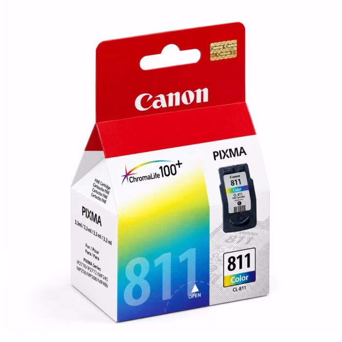 canon-cl-811-tri-color-ink-cartridge-3 กล่องบรรจุภัณฑ์ตลับหมึก 3 สี Canon CL-811 มุมมองสามมิติ แสดงรายชื่อรุ่นเครื่องพิมพ์ Canon PIXMA ที่รองรับและปริมาณหมึก