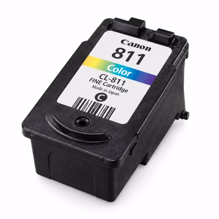 canon-cl-811-tri-color-ink-cartridge-4 ตลับหมึกแท้ 3 สี Canon CL-811 FINE Cartridge Made in Japan มุมมองโคลสอัป แสดงฉลากและโครงสร้างตลับหมึกสีดำ
