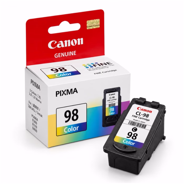 canon-cl-98-tri-color-ink-cartridge-1 ตลับหมึก 3 สี Canon CL-98 วางคู่กับกล่องบรรจุภัณฑ์ สำหรับเครื่องพิมพ์ Canon PIXMA E500 E510 E600
