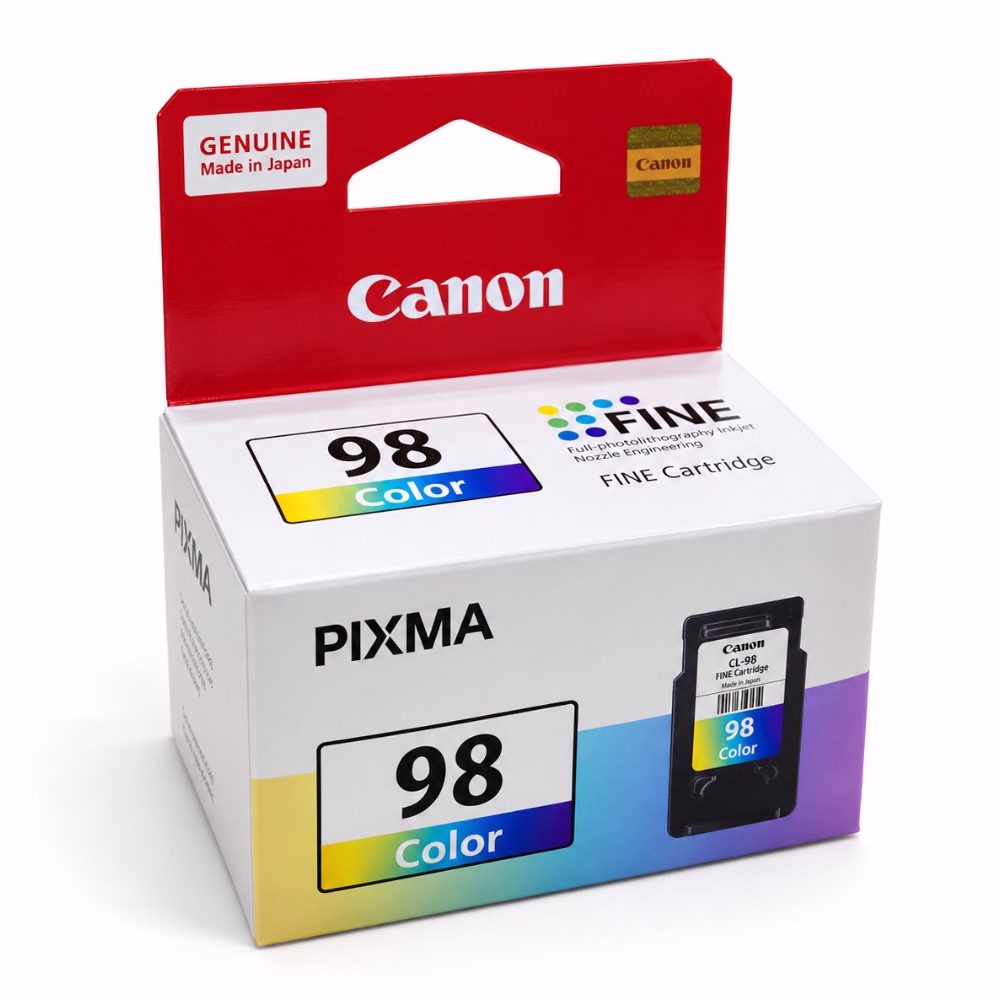 กล่องบรรจุภัณฑ์ตลับหมึก 3 สี Canon CL-98 Color ด้านหน้าตรง แสดงสติกเกอร์โฮโลแกรมทอง Genuine Made in Japan และตราสัญลักษณ์ FINE Cartridge
