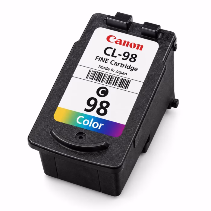 canon-cl-98-tri-color-ink-cartridge-3 ตลับหมึก 3 สี Canon CL-98 FINE Cartridge Made in Japan มุมมองโคลสอัป แสดงฉลากและโครงสร้างตลับหมึกสีดำ