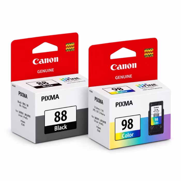 canon-cl-98-tri-color-ink-cartridge-4 กล่องบรรจุภัณฑ์ตลับหมึก Canon PIXMA วางคู่กัน 2 กล่อง ทั้งตลับหมึกดำ 88 Black และตลับหมึก 3 สี 98 Color สำหรับ PIXMA E500