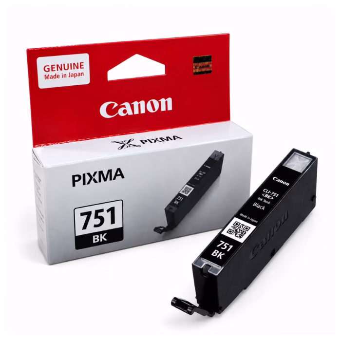 canon-cli-751-black-ink-cartridge-1 ตลับหมึกสีดำ Canon CLI-751 BK วางคู่กับกล่องบรรจุภัณฑ์ สำหรับเครื่องพิมพ์ Canon PIXMA iP7270 MG5470 MG6370 iX6870