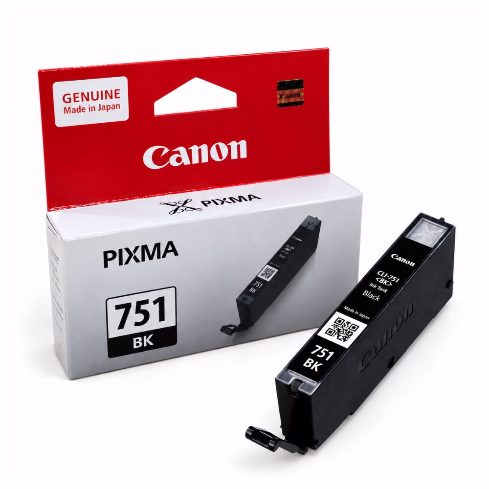 ตลับหมึกสีดำ Canon CLI-751 BK วางคู่กับกล่องบรรจุภัณฑ์ สำหรับเครื่องพิมพ์ Canon PIXMA iP7270 MG5470 MG6370 iX6870