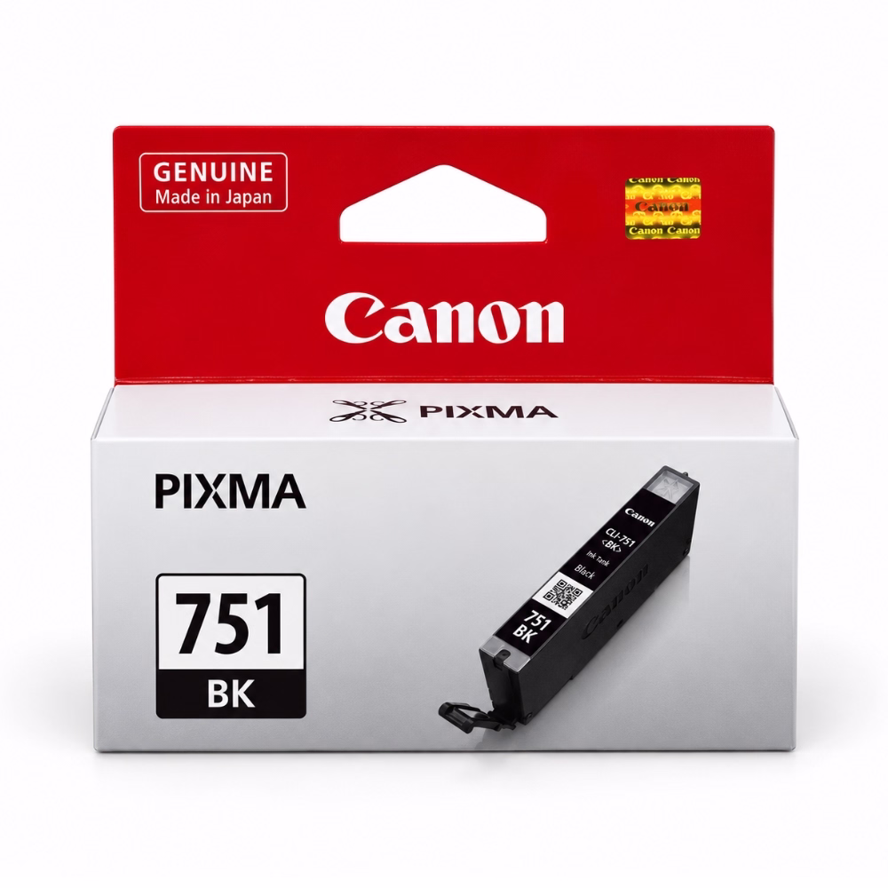 กล่องบรรจุภัณฑ์ตลับหมึกสีดำ Canon CLI-751 BK ด้านหน้าตรง แสดงสติกเกอร์โฮโลแกรมทอง Canon Genuine Made in Japan และตรา PIXMA