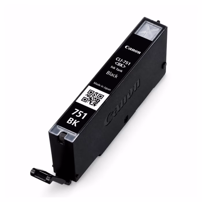 canon-cli-751-black-ink-cartridge-3 ตลับหมึกสีดำ Canon CLI-751 BK Ink Tank Made in Japan มุมมองสามมิติเฉียง แสดงฉลาก QR Code และก้านล็อกตลับหมึก