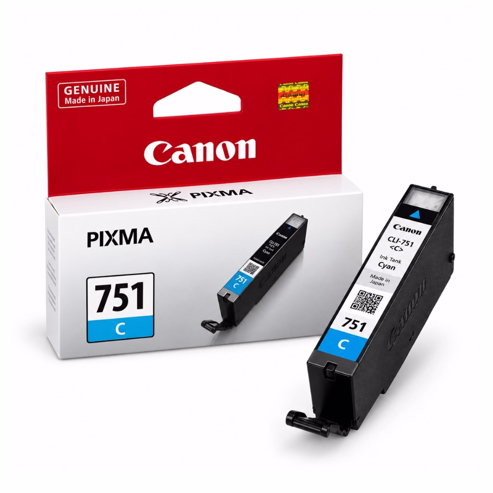 ตลับหมึก สีฟ้า Canon CLI-751 C วางคู่กับกล่องบรรจุภัณฑ์ สำหรับเครื่องพิมพ์ Canon PIXMA iP7270 iX6870 MG5470 MG7570