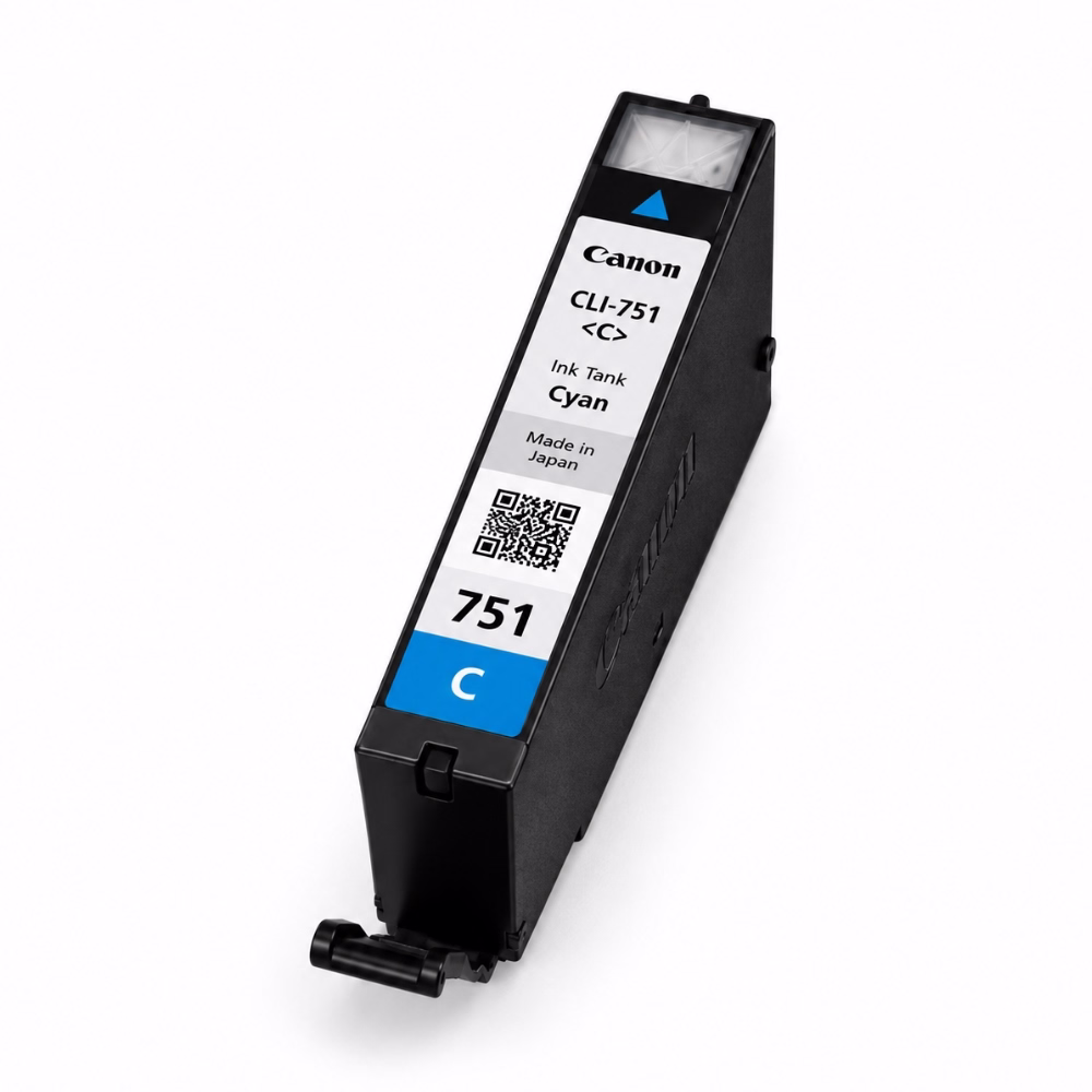 ตลับหมึก สีฟ้า Canon CLI-751 C Ink Tank Made in Japan มุมมองสามมิติเฉียง แสดงฉลาก QR Code และก้านล็อกตลับหมึก