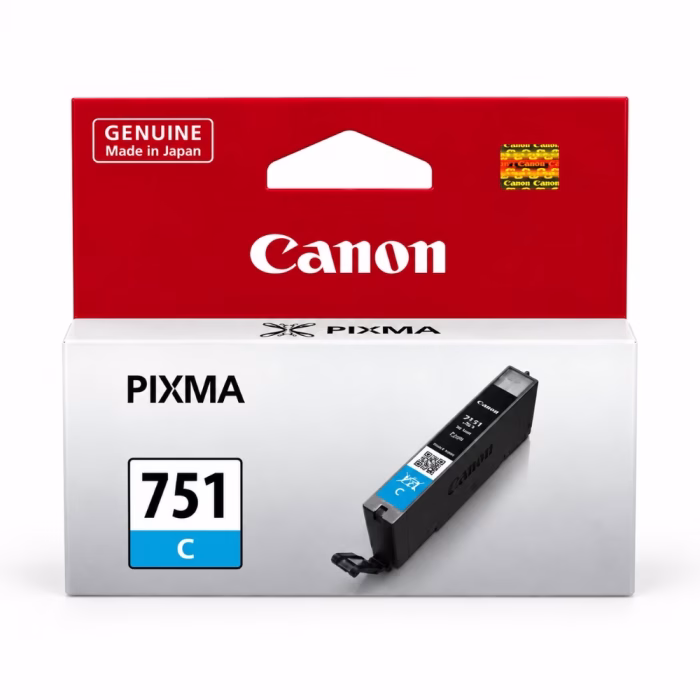 canon-cli-751-cyan-ink-cartridge-3 กล่องบรรจุภัณฑ์ตลับหมึกสีฟ้า Canon CLI-751 C ด้านหน้าตรง แสดงสติกเกอร์โฮโลแกรมทอง Canon Genuine Made in Japan และตรา PIXMA