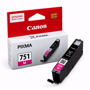 ตลับหมึกสีแดงมาเจนตา Canon CLI-751 M วางคู่กับกล่องบรรจุภัณฑ์ สำหรับเครื่องพิมพ์ Canon PIXMA iP7270 iX6870 MG5470 MG7570