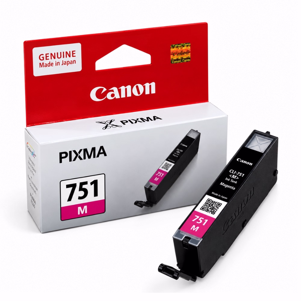 ตลับหมึกสีแดงมาเจนตา Canon CLI-751 M วางคู่กับกล่องบรรจุภัณฑ์ สำหรับเครื่องพิมพ์ Canon PIXMA iP7270 iX6870 MG5470 MG7570