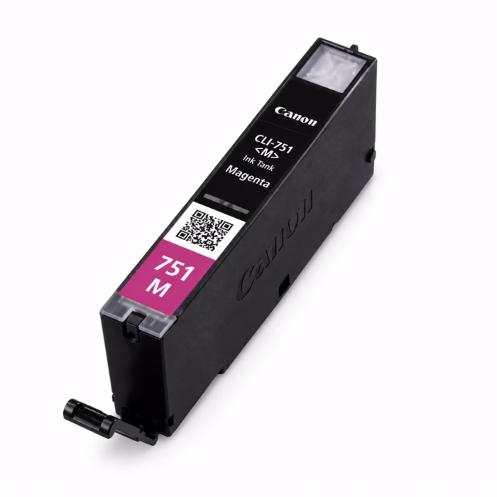 ตลับหมึกสีแดงมาเจนตา Canon CLI-751 M Ink Tank Made in Japan มุมมองสามมิติเฉียง แสดงฉลาก QR Code และก้านล็อกตลับหมึก