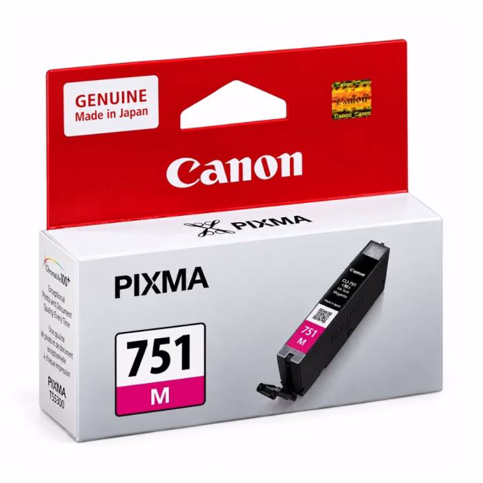 กล่องบรรจุภัณฑ์ตลับหมึกสีแดงมาเจนตา Canon CLI-751 M ด้านหน้าตรง แสดงสติกเกอร์โฮโลแกรมทอง Made in Japan และตรา PIXMA