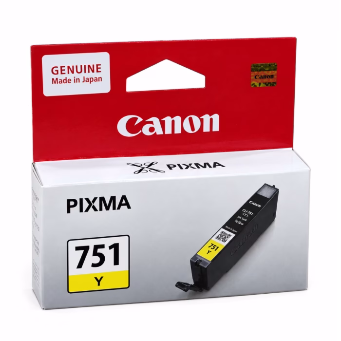 canon-cli-751-yellow-ink-cartridge-2 กล่องบรรจุภัณฑ์ตลับหมึกสีเหลือง Canon CLI-751 Y ด้านหน้าตรง แสดงสัญลักษณ์ Made in Japan และตรา PIXMA