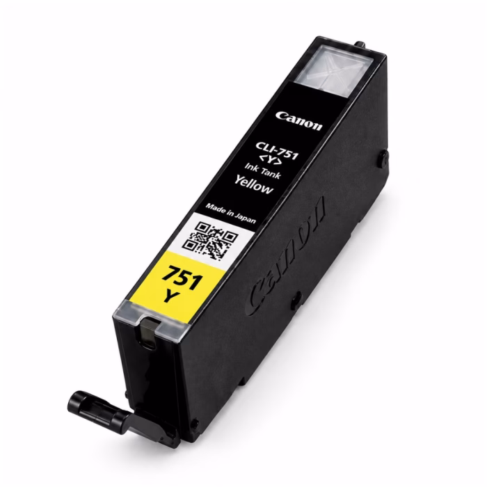 canon-cli-751-yellow-ink-cartridge-3 ตลับหมึกสีเหลือง Canon CLI-751 Y Ink Tank Made in Japan มุมมองสามมิติเฉียง แสดงฉลาก QR Code และก้านล็อกตลับหมึก