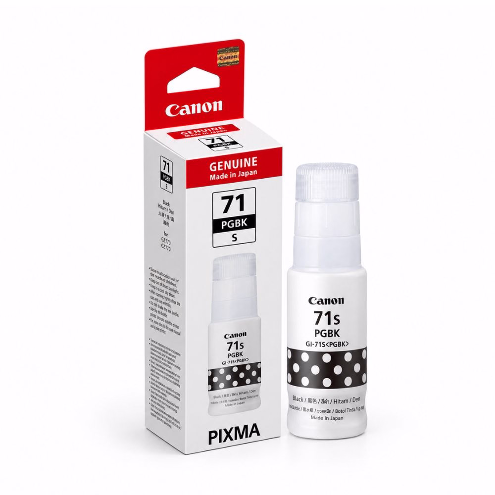 ขวดน้ำหมึกเติมสีดำ Canon GI-71S PGBK วางคู่กับกล่องบรรจุภัณฑ์ สำหรับเครื่องพิมพ์ Canon PIXMA G2770 G3770 G1730 G2730 G3730