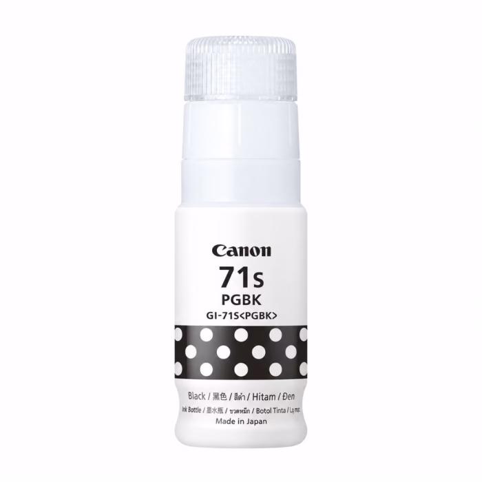 ขวดน้ำหมึกเติมสีดำ Canon GI-71S PGBK Ink Bottle Made in Japan มุมมองด้านหน้า แสดงฉลากและลายโพลก้าดอท