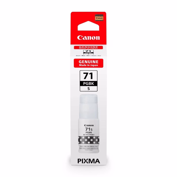 กล่องบรรจุภัณฑ์ขวดหมึกสีดำ Canon GI-71S PGBK ด้านหน้าตรง แสดงรหัสรุ่น 71 PGBK S สำหรับ Canon PIXMA