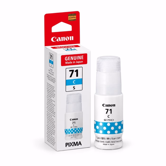 ขวดน้ำหมึกเติมสีฟ้า Canon GI-71S C วางคู่กับกล่องบรรจุภัณฑ์ สำหรับเครื่องพิมพ์ Canon PIXMA G2770 G3770 G1730 G2730 G3730