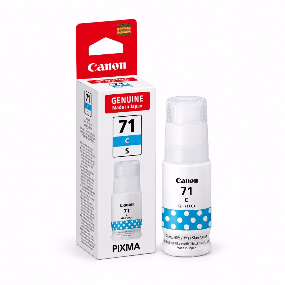 ขวดน้ำหมึกเติมสีฟ้า Canon GI-71S C วางคู่กับกล่องบรรจุภัณฑ์ สำหรับเครื่องพิมพ์ Canon PIXMA G2770 G3770 G1730 G2730 G3730