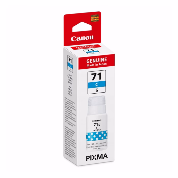 กล่องบรรจุภัณฑ์ขวดหมึกสีฟ้า Canon GI-71S C มุมมองสามมิติเฉียง แสดงรหัสรุ่น 71 C S สำหรับ Canon PIXMA