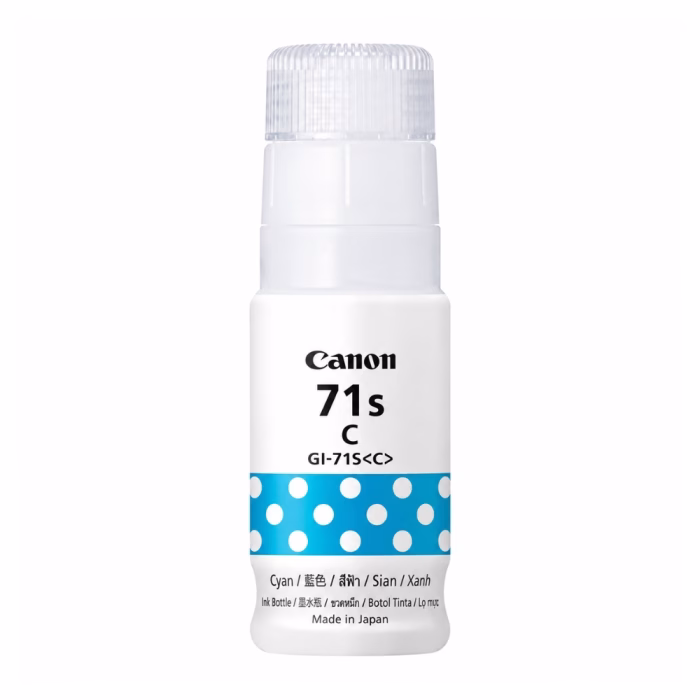 ขวดน้ำหมึกเติมสีฟ้า Canon GI-71S C Ink Bottle Made in Japan มุมมองด้านหน้า แสดงฉลากและลายโพลก้าดอท