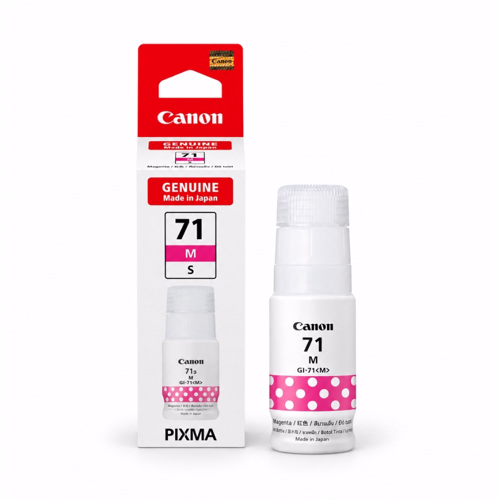 ขวดน้ำหมึกเติมสีแดงมาเจนตา Canon GI-71S M วางคู่กับกล่องบรรจุภัณฑ์ สำหรับเครื่องพิมพ์ Canon PIXMA G Series