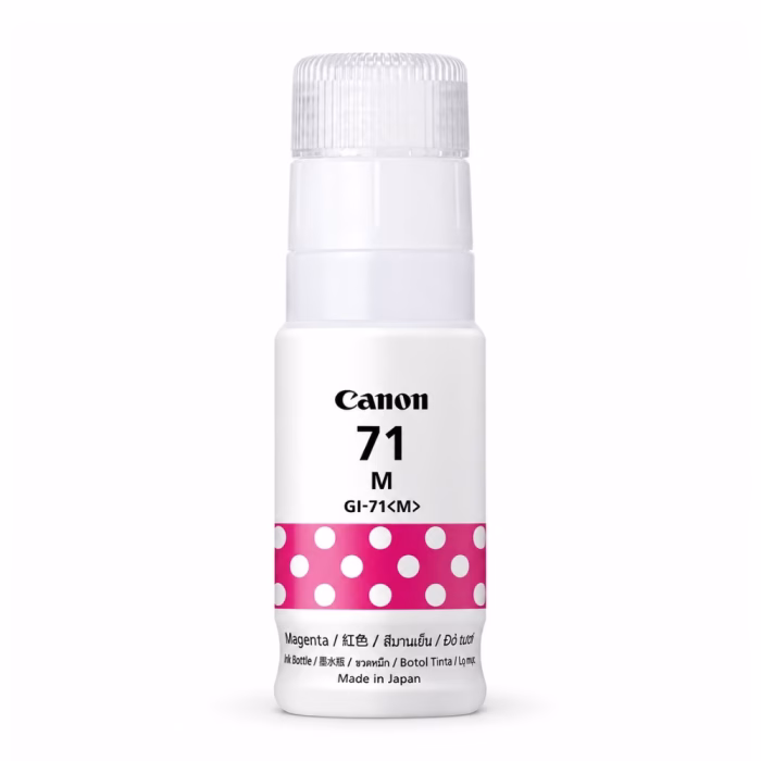 ขวดน้ำหมึกเติมสีแดงมาเจนตา Canon GI-71S M Ink Bottle Made in Japan มุมมองด้านหน้า แสดงฉลากและลายโพลก้าดอท