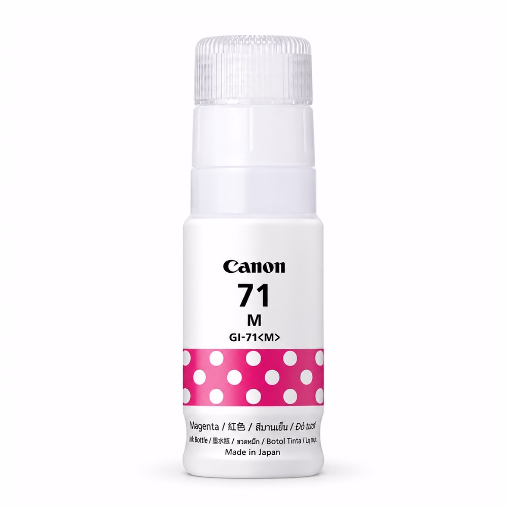 ขวดน้ำหมึกเติมสีแดงมาเจนตา Canon GI-71S M Ink Bottle Made in Japan มุมมองด้านหน้า แสดงฉลากและลายโพลก้าดอท