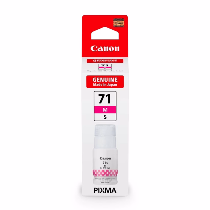 กล่องบรรจุภัณฑ์ขวดหมึกสีแดงมาเจนตา Canon GI-71S M ด้านหน้าตรง แสดงรหัสรุ่น 71 M S สำหรับ Canon PIXMA