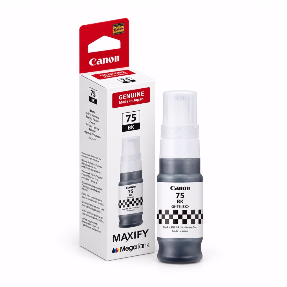 ขวดน้ำหมึกเติมสีดำ Canon GI-75 BK วางคู่กับกล่องบรรจุภัณฑ์ สำหรับเครื่องพิมพ์ Canon MAXIFY MegaTank GX1070 GX2070